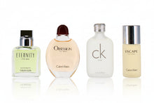Load image into Gallery viewer, Calvin Klein Men’s Mini Coffret 4-Piece Gift Set  Includes: Obsession Men EDT 15ml • Escape Men EDT 15ml • Eternity Men EDT 15ml • CK One EDT 15ml Classic. Versatile. Iconic.
