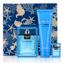 Load image into Gallery viewer, Set Versace Eau Fraiche 3pc: 3.4oz EDT, 5oz Shower Gel &amp; 5ml mini - Fresh. Refined. Effortlessly Masculine.
